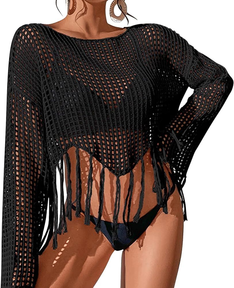 Cysincos Long Sleeve Crochet Cover Up Top for Women Hollow Out Bathing Suit Mesh Tassel Beachwear... | Amazon (US)
