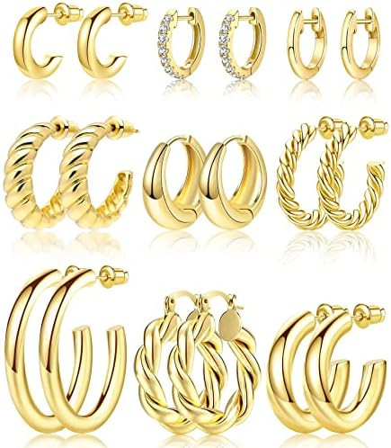 Adoyi 9 Pairs Gold Hoop Earrings Set for Womens Twisted Huggie Hoops Earrings 14K 18K Gold Plated... | Amazon (US)
