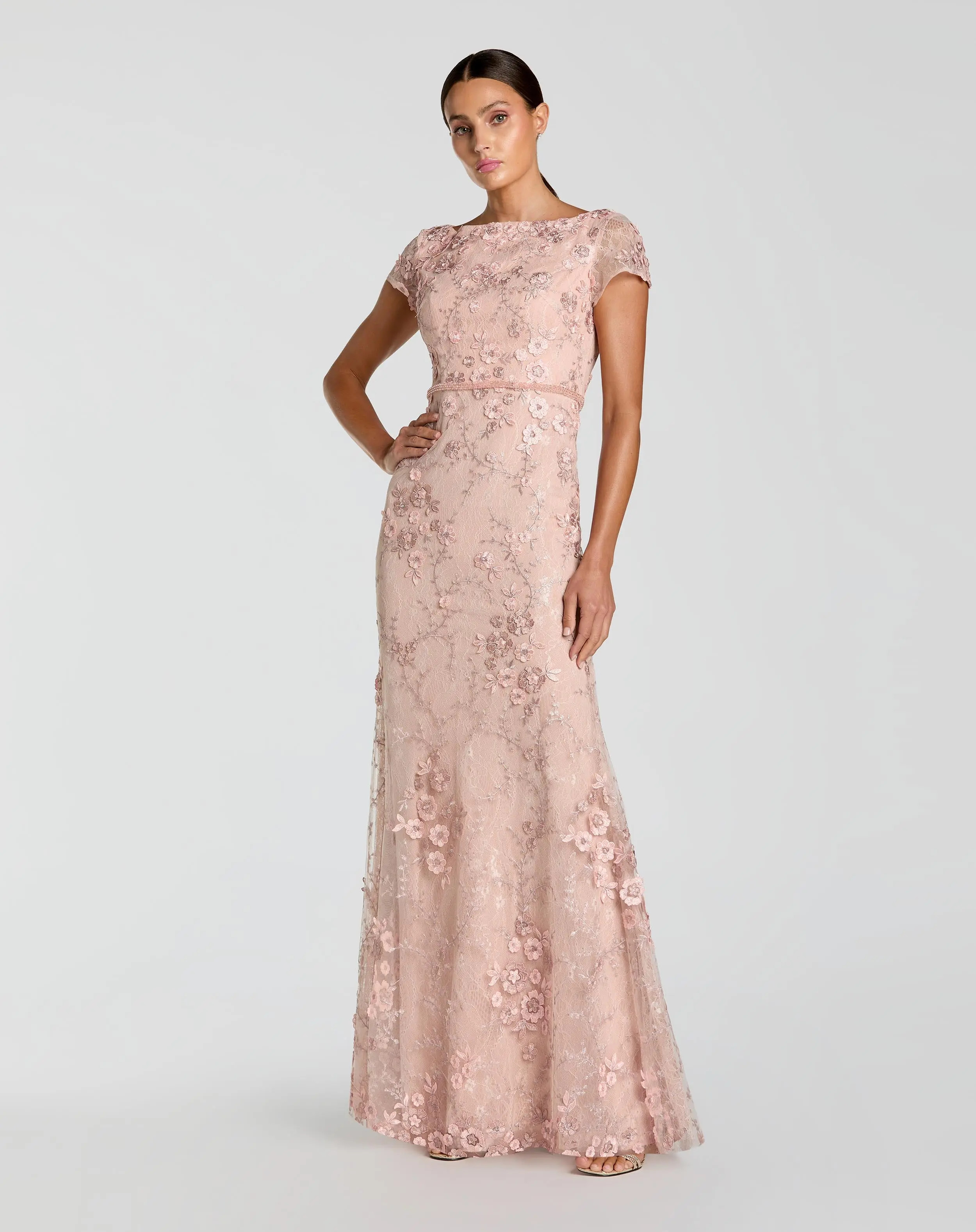 Pink Floral Applique Boat Neck Cap Sleeve Gown | Mac Duggal | Mac Duggal