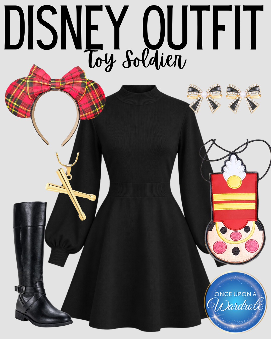Toy Soldier Disney outfit idea with a black sweater dress, plaid Mickey ears, knee high boots and a toy soldier bag. Such a cute Christmas Disney outfit for Mickey’s Very Merry Christmas Party, Jollywood Nights or any holiday day at Disney.

#LTKootd #LTKSeasonal #LTKTravel