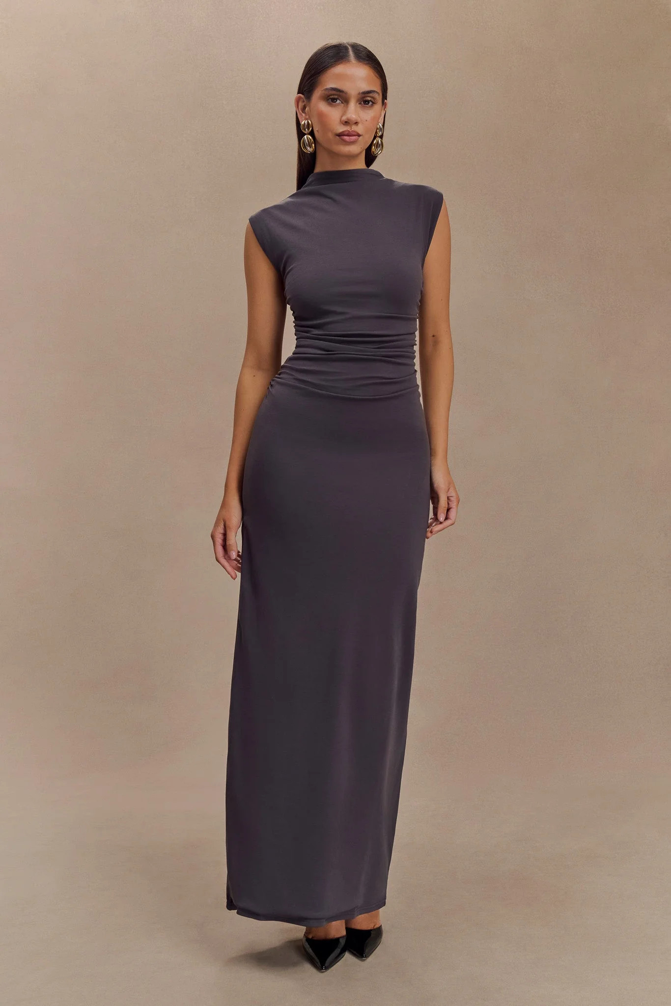 Elliot High Neck Sleeveless Maxi Dress - Dark Charcoal | MESHKI US