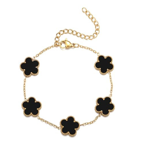 RWQIAN Gold Plated Five Leaf Lucky Clover Bracelets for Women,Black Clover Link Flower Charm Bracelets,Adjustable Clover Bracelet Chain Jewelry Gifts Trendy for Birthday Christmas Day | Amazon (US)