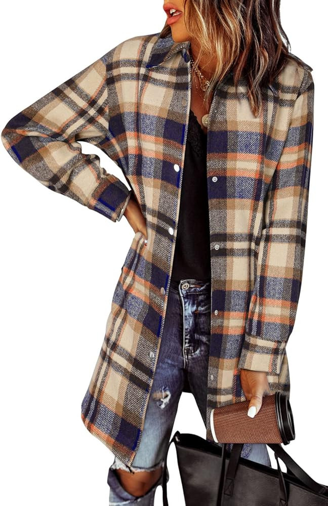 EVALESS Color Block Plaid Shacket Jacket Womens Fall Clothes Fashion Outfits | Amazon (US)