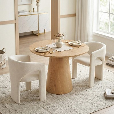 Round Dining Table Set with 2 Beige Chenille Armchairs, Modern Pedestal Table and Upholstered Chairs with Full Back and Arms-Panipeachy | Target