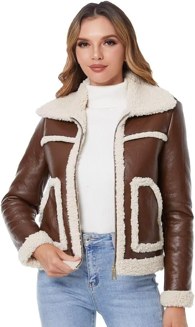 DIASHINY Women's Faux Shearing Fur Winter Coat Warm Thick Fur Lined Faux Leather Jacket | Amazon (US)