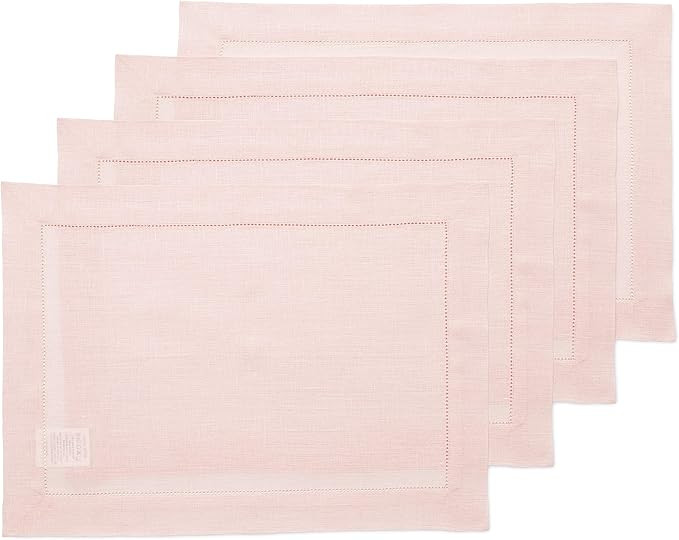 Solino Home 100% Pure Linen Hemstitch Placemats - Pink Set of 4, 14 x 19 Inch Placemats, European... | Amazon (US)