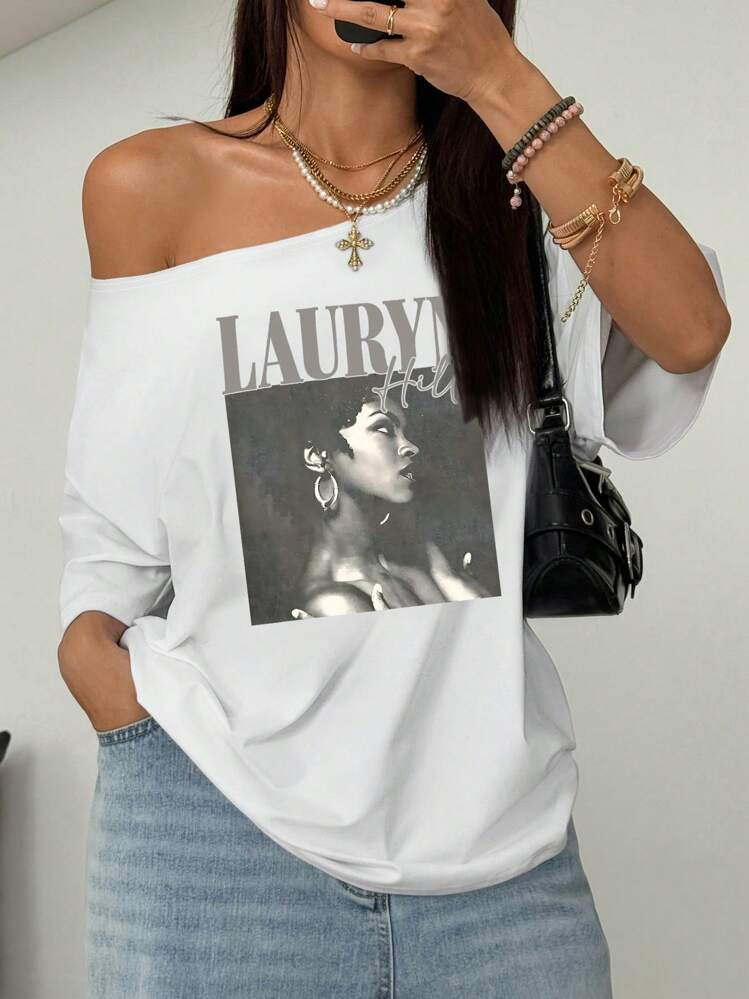 SHEIN Women's Loose Fitted Oblique Shoulder T-Shirt | SHEIN