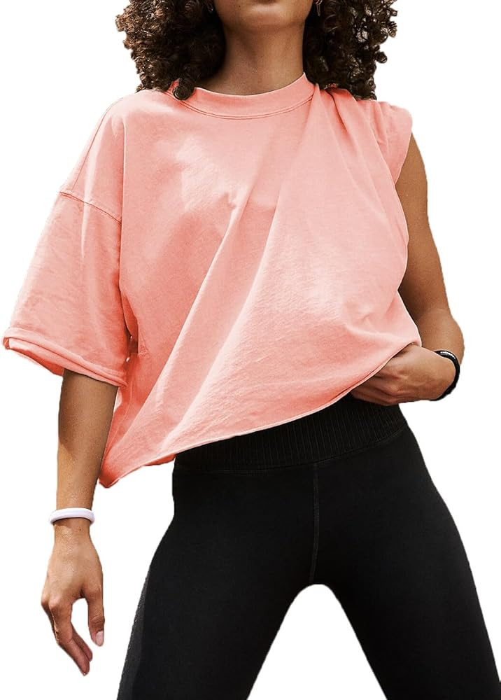 Women's Oversized Crop Tops Roll Hem Half Sleeve T-Shirts Drop Shoulder Casual Summer Tops | Amazon (US)