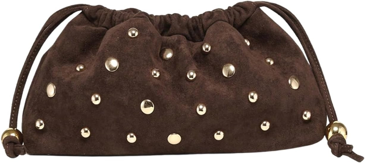 OYOANGLE Women's Metallic Beaded Clutch Bags Studded No Strap Drawstring Ruched Party Handbags | Amazon (US)