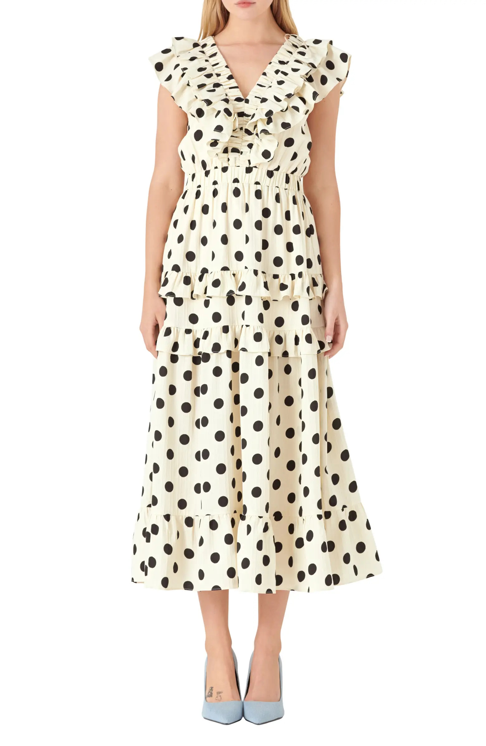 Polka Dot Ruffle Trim Midi Dress | Nordstrom