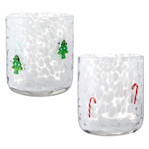Christmas Icon Glasses 2 Pcs, 14 oz Hand Blown Old Fashioned Cocktail Glasses Set with Holiday Icons, Christmas Drinking Glasses for Holiday Party, Home Bar Decor Lovely Gifts (candy cane xmas tree) | Amazon (US)
