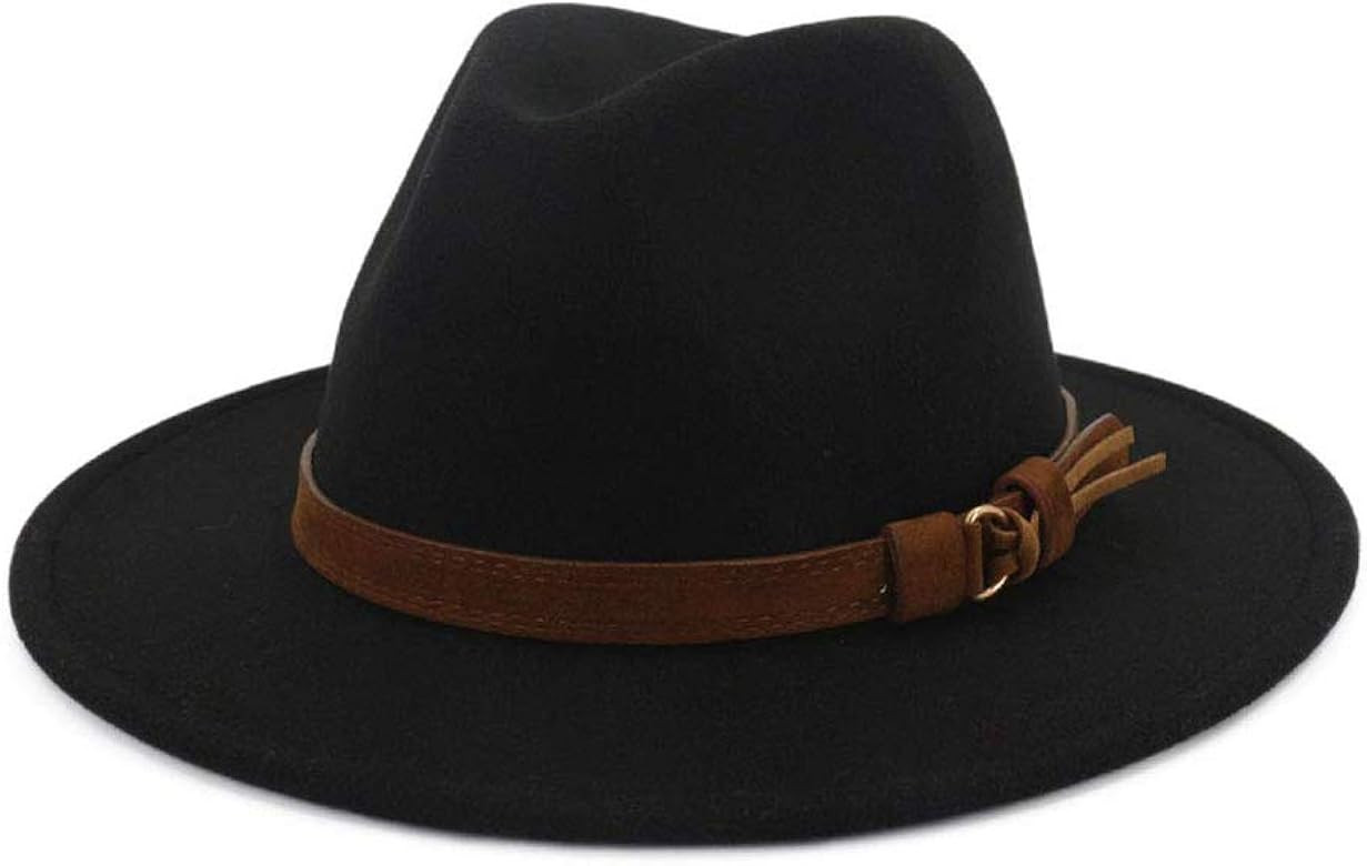 Women Men Wide Brim Felt Wool Fedora Hat with Belt Buckle | Amazon (US)