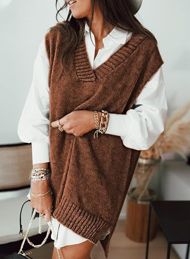 HOTAPEI Sweater Vest Women Oversized V Neck Sleeveless Sweaters Womens Cable Knit Tops | Amazon (US)