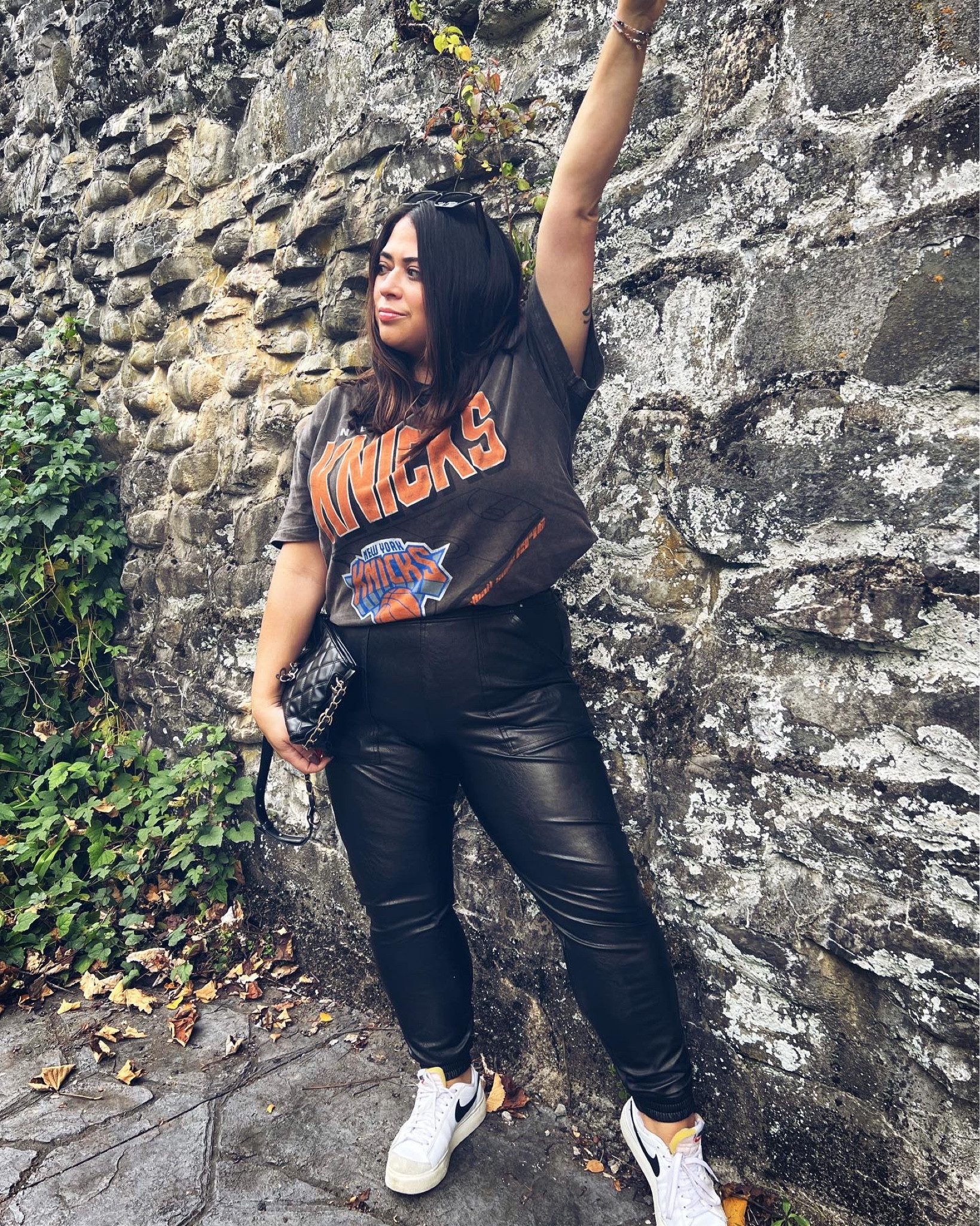 Knicks graphic tee
Spanx joggers
Nike blazers 

#LTKstyletip #LTKfit #LTKcurves