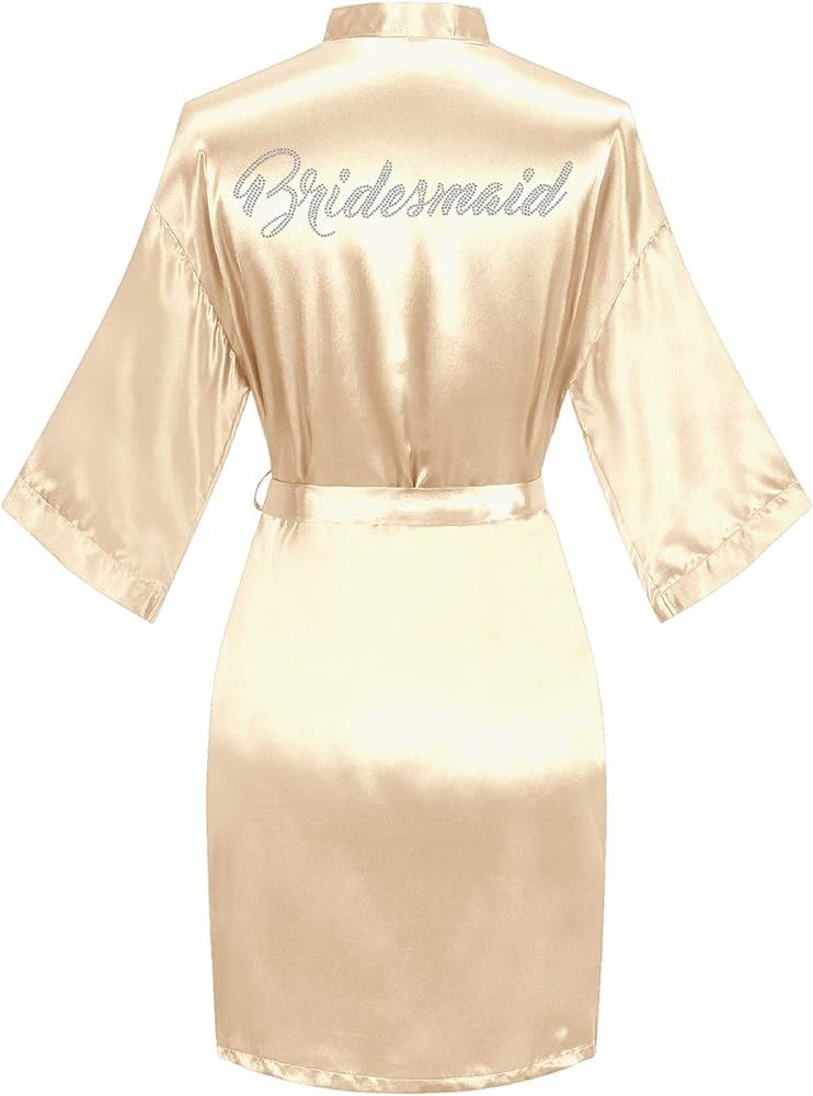 sunshinemall Women's Satin Kimono Robes with Rhinestones Bride Bridesmaid Short Getting Ready Wed... | Amazon (US)