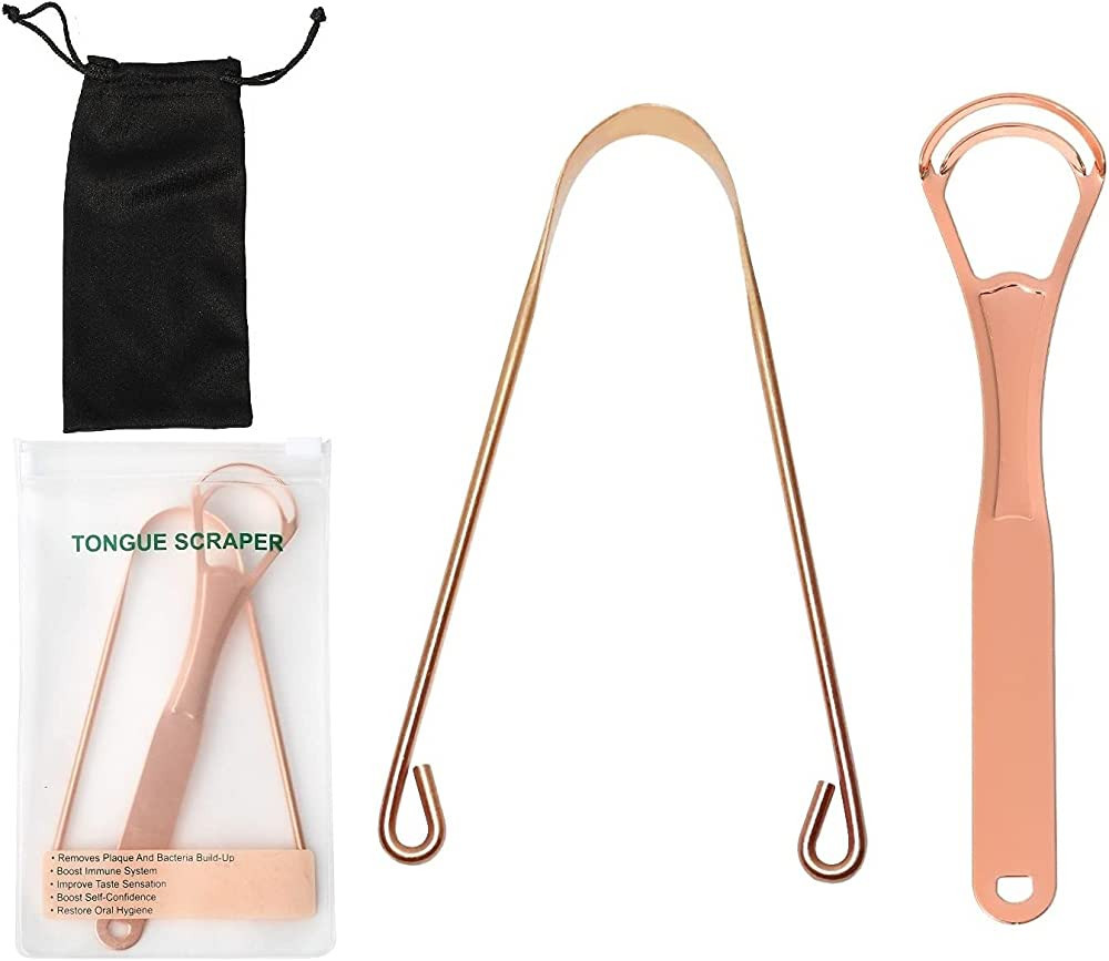 2Pcs Copper Tongue Scraper, Tongue Cleaner Set for Adults Kids, Metal Stainless steel Oral Tongue Br | Amazon (US)