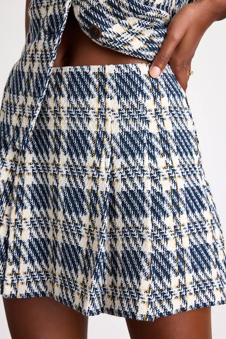Harlaw Navy Multi Plaid Tweed Mid-Rise Skort | Lulus