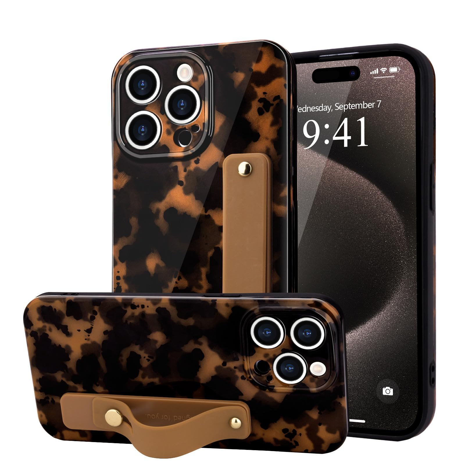 for iPhone 15 Pro Case with Wrist Strap, Cheetah Leopard Tortoise Shell Print Shockproof Soft TPU... | Amazon (US)