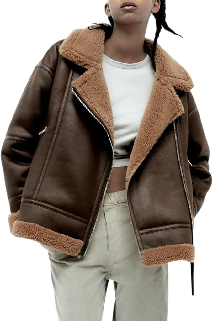 Glkaend Womens Brown Faux Leather Sherpa Lined Jacket Winter Warm Shearling Biker Coats with Pock... | Amazon (US)