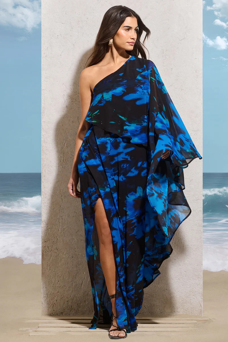 Ripple | Navy Floral Print Chiffon Oversized Asymmetric Maxi Dress | Club L London