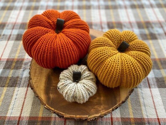 Farmhouse Pumpkin Set, Fall Harvest Home Decor, Rustic Yarn Pumpkin, Autumn Knit Table Decoration... | Etsy (US)