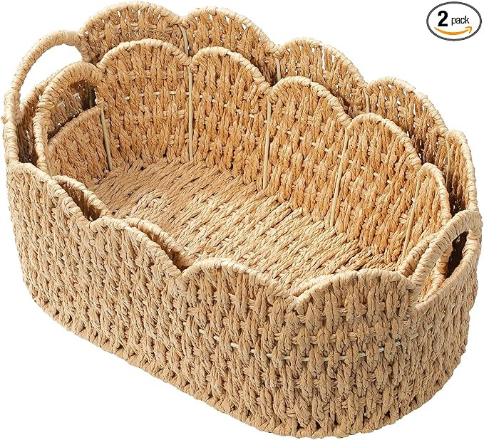Paper Rope Scalloped Basket Set of 2,Woven Storage Baskets for Shelves,Laundry,Towels,Clothes,Boo... | Amazon (US)