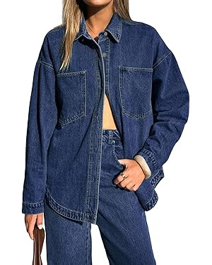 EMMIOL Women Denim Shirts Oversized Long Sleeve Button Down Blouse Distresse Jean Jacket Fall Out... | Amazon (US)