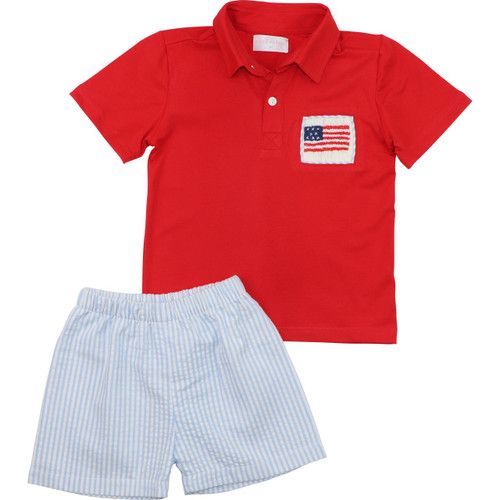 Red And Blue Seersucker Smocked Flag Polo Short Set | Cecil and Lou