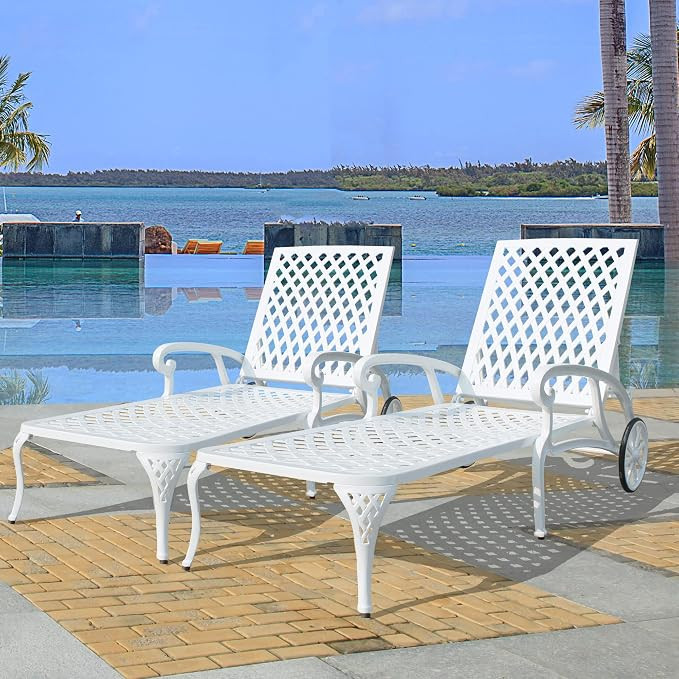 HOMEFUN Chaise Lounge Chair Outdoor, Poolside Lounger Set of 2 Cast Aluminum Tanning Chairs with ... | Amazon (US)