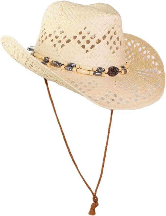 Cute Comfy Flex Fit Woven Beach Cowboy Hat, Western Cowgirl Hat with Wooden Beaded Hatband | Amazon (US)