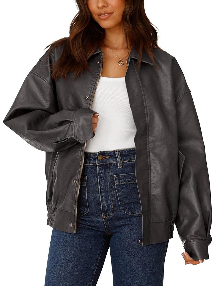 PRETTYGARDEN Women's Faux Leather Motorcycle Jacket Trendy Fall Spring Clothes Oversized Zip Up W... | Amazon (US)