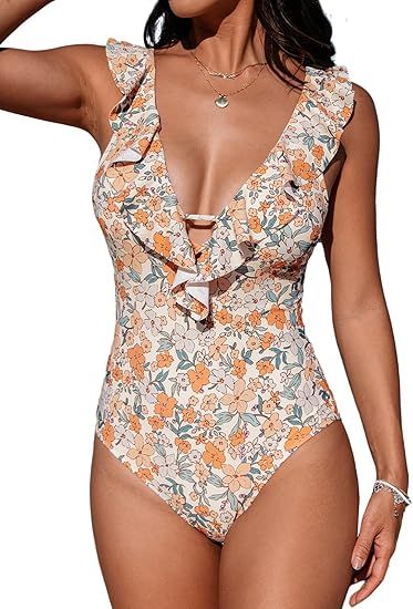 CUPSHE Women's One Piece Swimsuit Bathing Suit V Neck Ruffled Swimwear Adjustable Straps (XS-4XL) | Amazon (US)