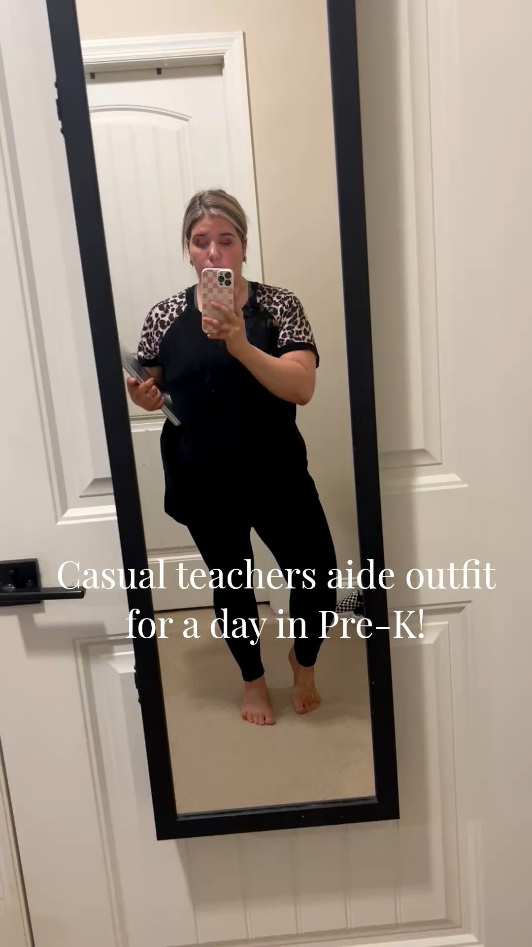 Leopard print is basically a neutral when you work with 4-year-olds. Black leggings, comfy tee, and sleeves that say I tried. Linking the fit! 🐆🖤 #LTKteacher #LTKworkwear