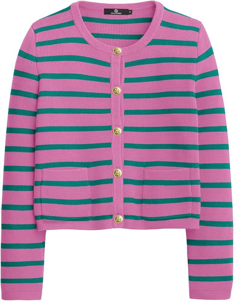 LILLUSORY Women Striped Cardigan Sweaters 2025 Fall Outfit Cloth Fashion Trendy Casual Long Sleev... | Amazon (US)