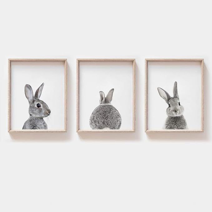 MoharWall Easter Nursery Bunny Wall Art Set of 3 Gray Rabbit Prints Kids Room Cute Decor Baby Ani... | Amazon (US)