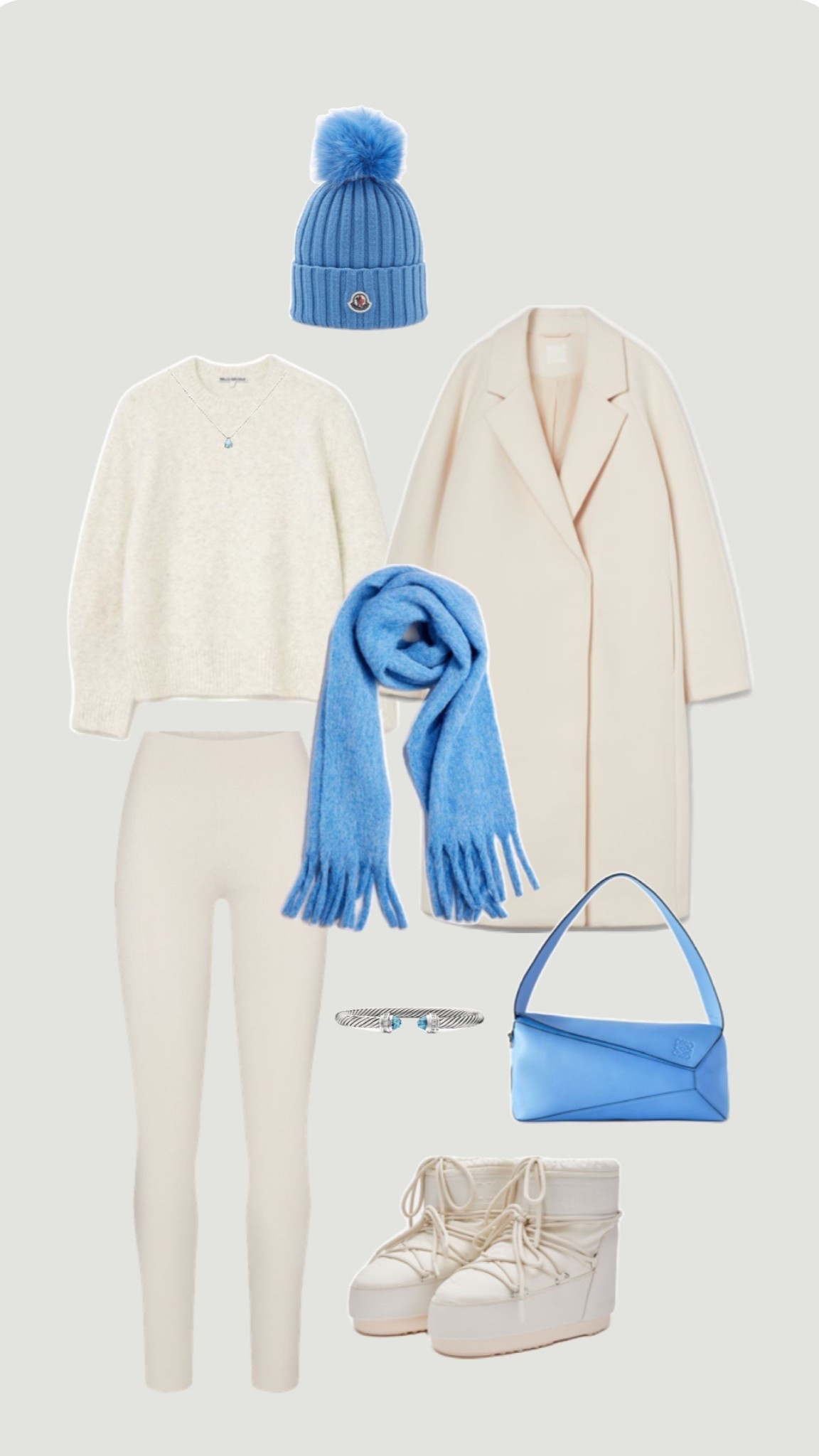 Casual cute winter outfit ❄️🤍 ski trip outfit 

Blue and white winter outfit, blue scarf, bright blue handbag, cream long coat, cream knit sweater, cream leggings, moon boot outfit idea, winter style, ski trip essentials, moncler blue beanie, elevated winter style 

#LTKTravel #LTKSeasonal #LTKSaleAlert