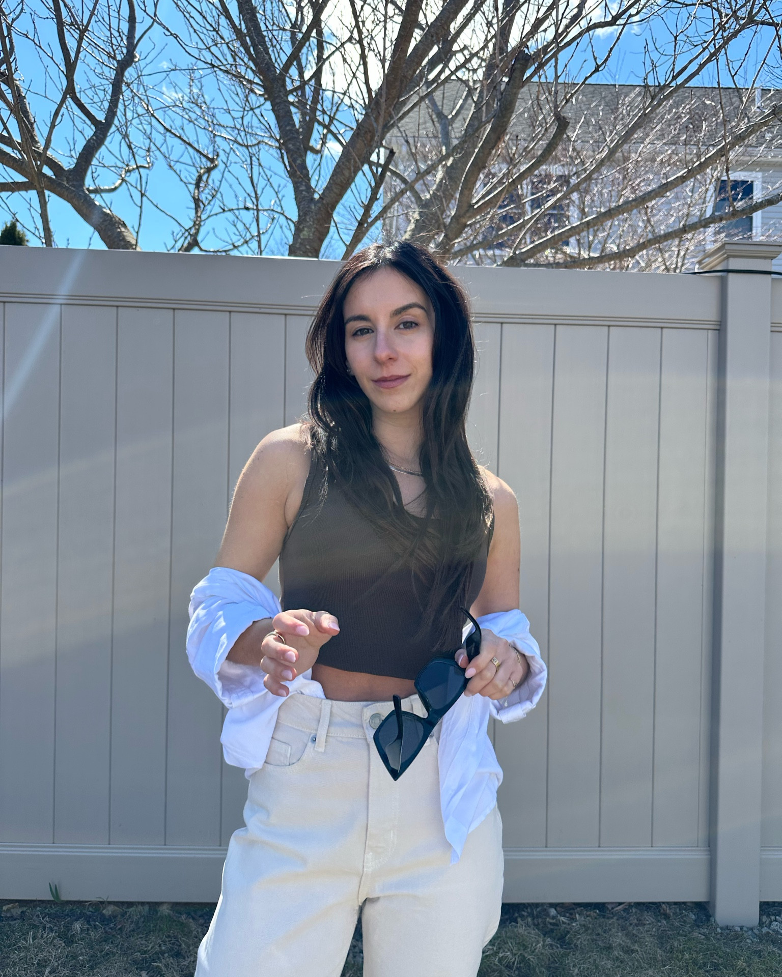 White jeans, neutral outfit, brown tank top, white button up, spring outfit

#LTKSeasonal #LTKstyletip #LTKfindsunder50