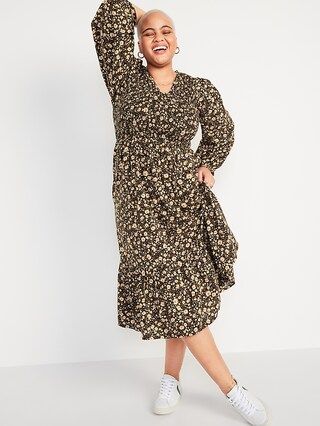Long-Sleeve Fit & Flare Smocked Midi Dress for Women | Old Navy (CA)
