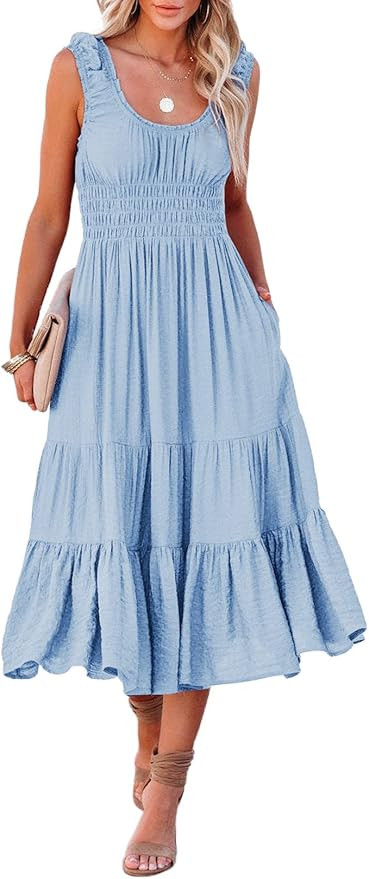 AlvaQ Women Summer Sleeveless Smocked Midi Dress High Waist Casual Tiered A Line Sundress with Po... | Amazon (US)