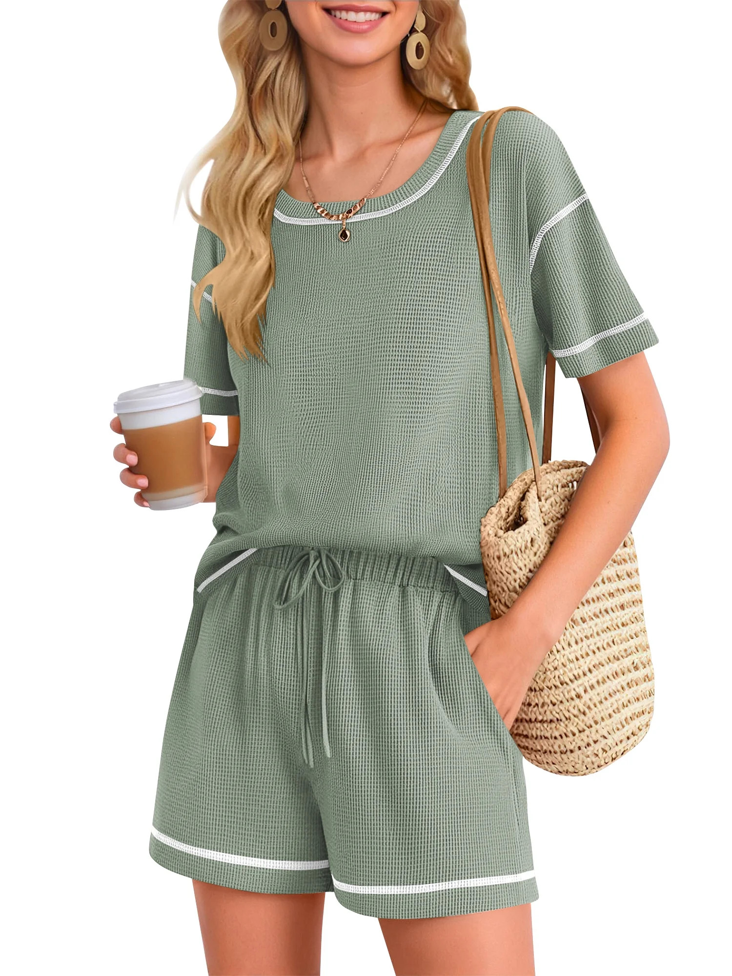SHIBEVER 2 Piece Sets for Women Summer Casual Short Sleeve Top and Shorts Set Outfits for Women T... | Walmart (US)