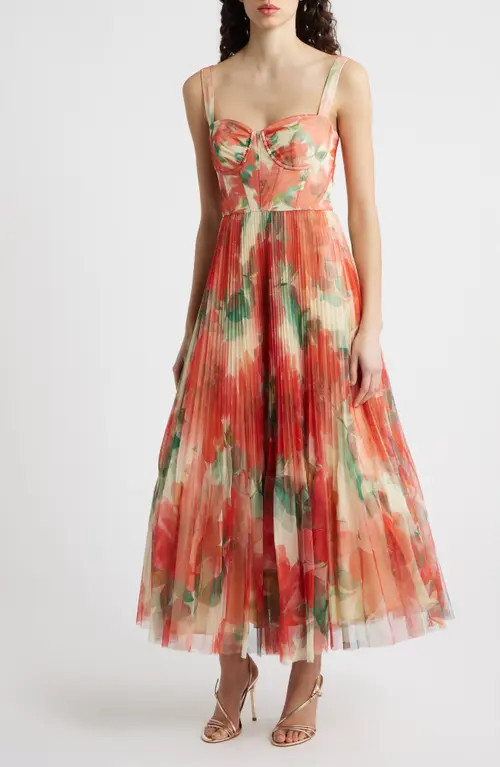 Hutch MacClare Floral Micropleat Gown in Ivory/Coral Watercolor at Nordstrom, Size 0 | Nordstrom