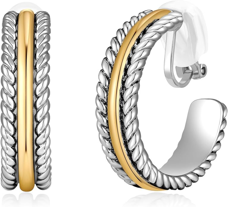Gold and Silver Mixed Metal Clip-On Earrings Two Tone Clip-On Earrings Chunky Twist Open Hoops Ea... | Amazon (US)