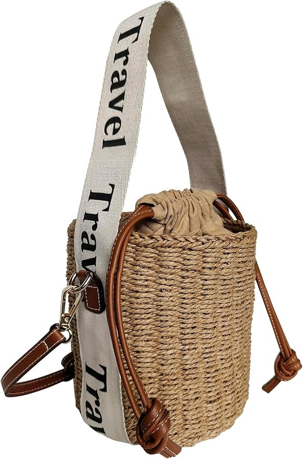Flower Pearls Rattan Tote Bag Summer Beach Drawstring Straw Bucket Bag Diamonds Woven Handbag | Amazon (US)