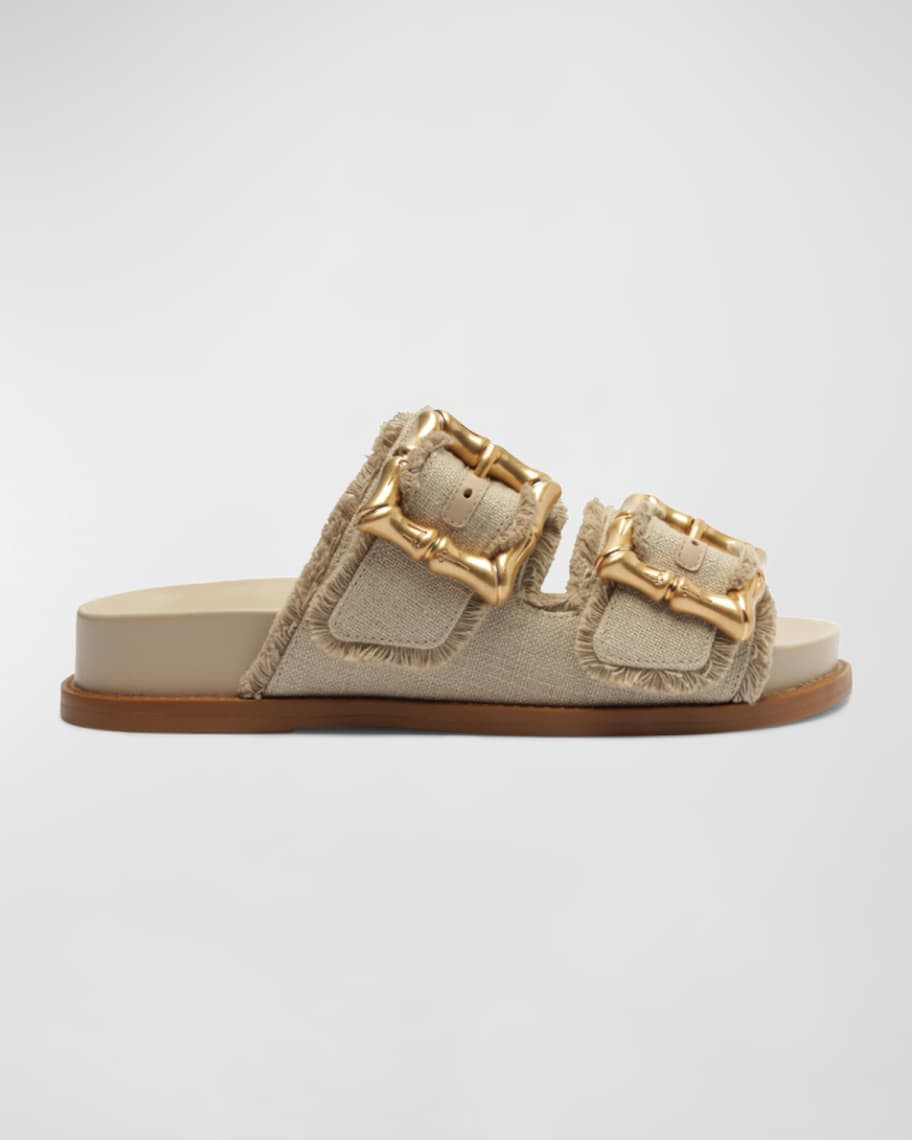 Enola Frayed Dual-Buckle Slide Sandals | Neiman Marcus
