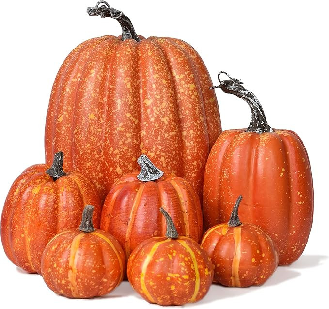 Lvydec Artificial Pumpkins Set Harvest Decoration, 7pcs Assorted Size Orange Pumpkins Realistic L... | Amazon (US)