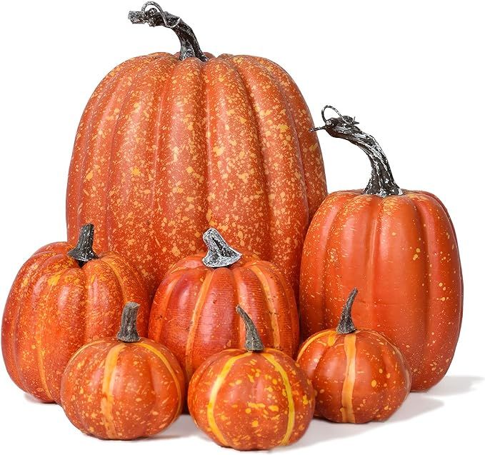 Lvydec Artificial Pumpkins Set Harvest Decoration, 7pcs Assorted Size Orange Pumpkins Realistic L... | Amazon (US)