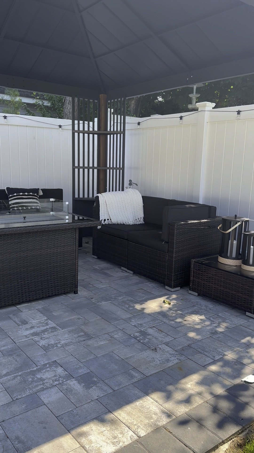 Outdoor gazebo🎶 

Outdoor couch 10 piece in black 
Palm tree decor 
Throw blanket for when colder nights come 
Lanterns 


#LTKFamily #LTKHome #LTKSeasonal