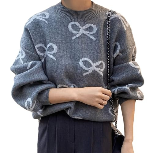 Bow Sweater Sweater with Bows Ribbon Sweater Y2k Sweaters Fall Winter Warm Sweaters Long Sleeve Loose Fit Pullover Sweater Grey | Amazon (US)