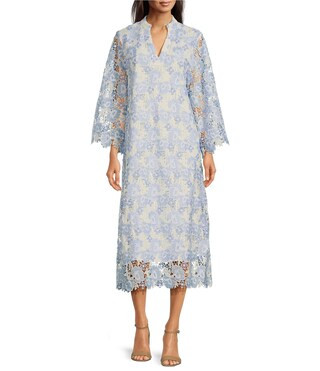 J.Marie Maggie Lace Split V-Neck 3/4 Sleeve Midi Shift Dress | Dillard's | Dillard's