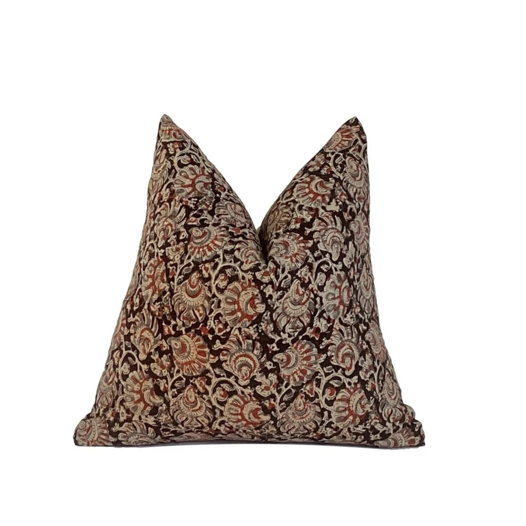 Onyx Charcoal Floral Pillow Cover, Multi Coloured Block Print Pillow, Black Block Print Lumbar Pi... | Etsy (US)